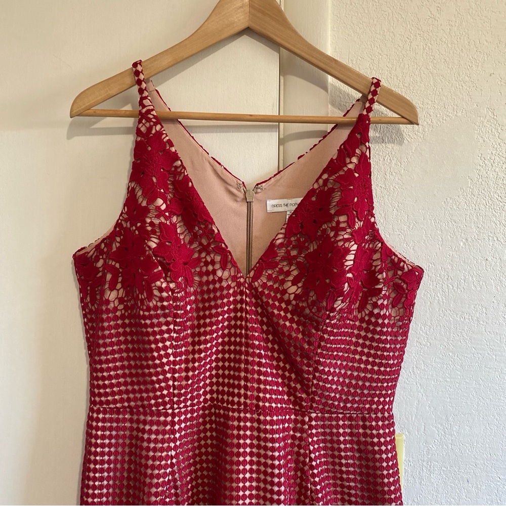 Dress The Population Red Lace Midi Dress XL Bodycon Floral Cocktail Party - Picture 3 of 13